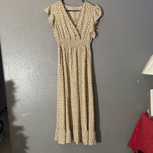 Elegant Tan Polka Dot Maxi Dress